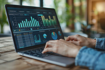 business man hand working on laptop computer financial with graphic graph chart diagram statistics.