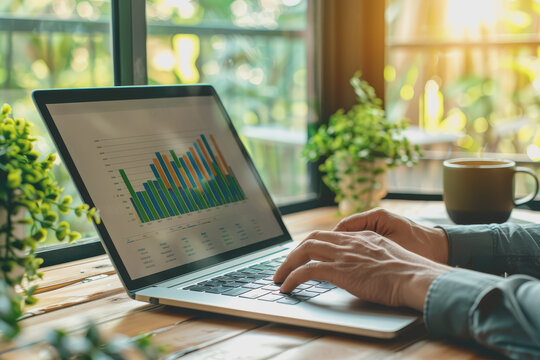 business man hand working on laptop computer financial with graphic graph chart diagram statistics.