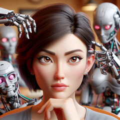 Poster - young woman surrounded by robots