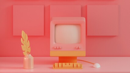 Aufkleber - Vibrant Retro Computing: A Bold Pink and Orange Desktop Arrangement