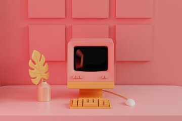 Poster - Vibrant Retro Computing: A Bold Pink and Orange Desktop Arrangement
