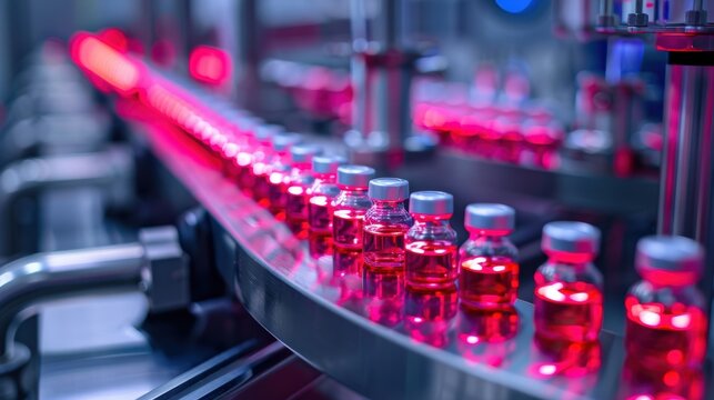 Pharmaceutical production line with a detailed view of vials under red lighting The image highlights the high-tech machinery and sterile environment of the manufacturing process