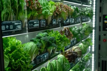 Wall Mural - Automated vertical farm with AI controlled growth systems, representing sustainable urban farming solutions, smart agriculture, and innovative technology for high efficiency food production