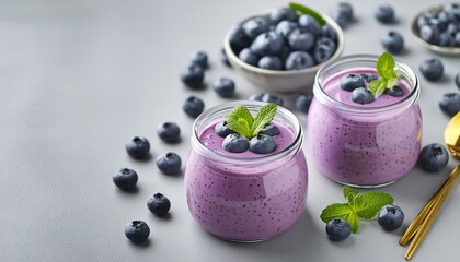 Wall Mural - Purple homemade yogurt or smoothie with blueberries chia seeds and mint leaves in glass jars on a gray background focused