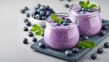 Wall Mural - Purple homemade yogurt or smoothie with blueberries chia seeds and mint leaves in glass jars on a gray background focused