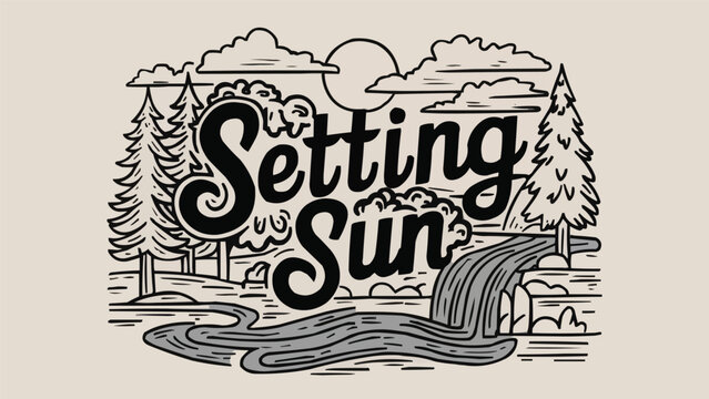 A striking line art illustration of a serene landscape, featuring trees, a winding river, a cascading waterfall, fluffy clouds, and a setting sun. The typography is integrated into the scene with the 