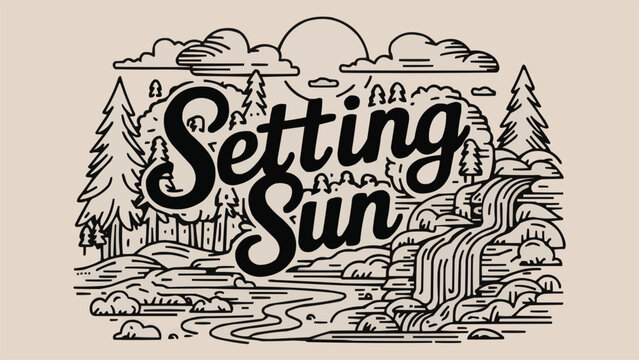 A striking line art illustration of a serene landscape, featuring trees, a winding river, a cascading waterfall, fluffy clouds, and a setting sun. The typography is integrated into the scene with the 