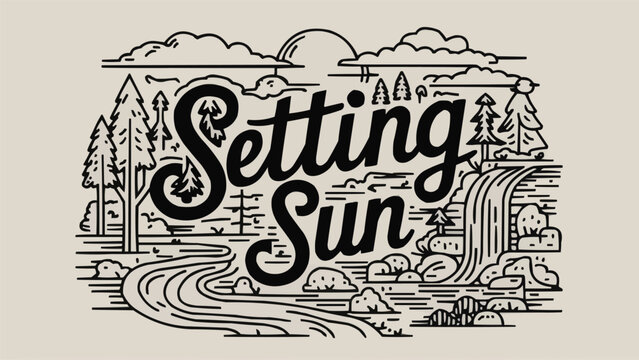 A striking line art illustration of a serene landscape, featuring trees, a winding river, a cascading waterfall, fluffy clouds, and a setting sun. The typography is integrated into the scene with the 
