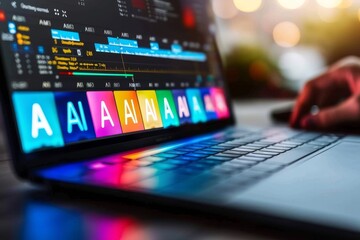 Person using AI powered laptop with vibrant holographic display, representing advanced computing, digital innovation, and the future of technology in a modern workspace
