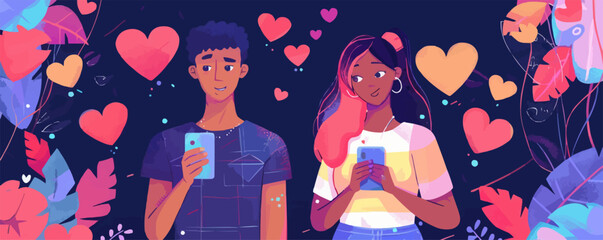 Poster - Online Dating concept. Young couple using online dating app. The dangers of online dating. Send and read messages to each other in text bubbles. set flat vector modern illustration