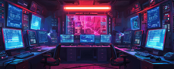 Poster - Cyberpunk hacker's den with glowing screens Vector flat minimalistic isolated illustration