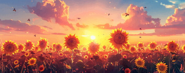 Canvas Print - A radiant sunset over a field of sunflowers with bees buzzing among the blooms. Vector flat minimalistic isolated illustration.