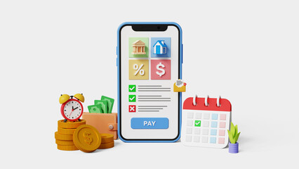 Subscription payment, loan, mortgage, tax, saving and expenses concept. Monthly payments via smartphone on white background. 3d illustration