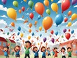 © Five Million Stock - Children's Day Poster with Flying 3D Paper Balloons and Airplanes on School Notebook Background