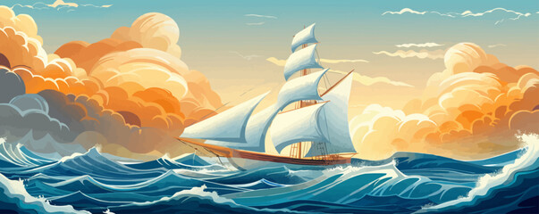 Wall Mural - A rustic wooden sailing ship navigating through stormy seas. Vector flat minimalistic isolated illustration.