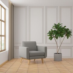 Wall Mural - Room with white wall and wooden floor with gray modern armchair. Bright room interior mockup. Empty room for mockup. 3d rendering