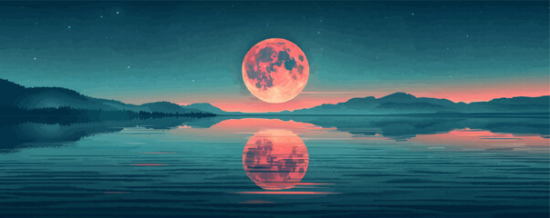 Wall Mural - Full moon reflecting on a tranquil lake. Vector flat minimalistic isolated illustration.