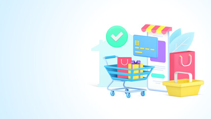 Poster - Purchasing goods online at smartphone application retail website with shopping bag, gift boxes