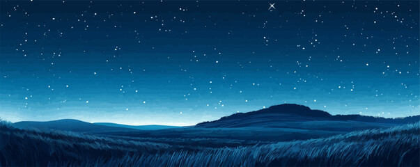 Wall Mural - a starry night sky above a tranquil meadow. vector flat minimalistic isolated illustration
