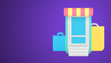 Poster - Internet grocery store purchase sale discount mobile application with shopping bag 3d icon vector