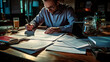 © angelo lano - Focused on success: a businessman working diligently at his modern office desk, surrounded by tables and graphs, demonstrating his dedication and determination in pursuing his professional goals.