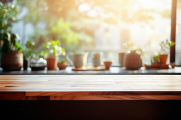 Blurred kitchen background with wooden table top, suitable for product display or design layout.