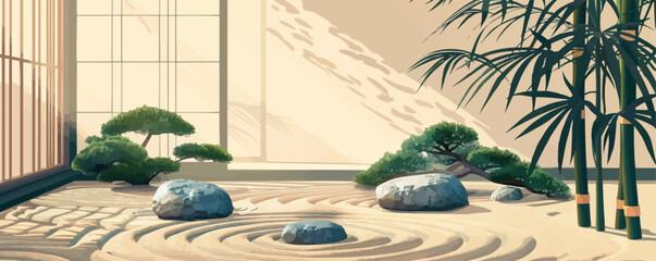 Sticker - Peaceful zen garden with raked sand Vector flat minimalistic isolated illustration