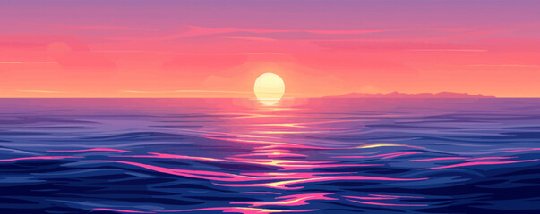 Wall Mural - A sunset over the ocean, painting the sky with hues of orange, pink, and purple on a white background. Vector flat minimalistic isolated