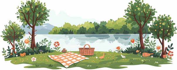 Sticker - A tranquil riverbank picnic with a checkered blanket and wicker basket. Vector flat minimalistic isolated