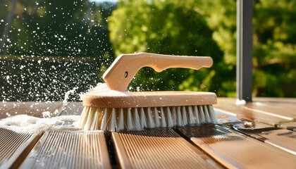 Scrub brush cleaning wooden terrace with soap and water splashes