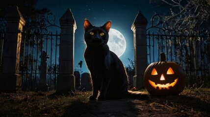 Wall Mural - Black cat and single jack-o-lantern at moonlit cemetery gate