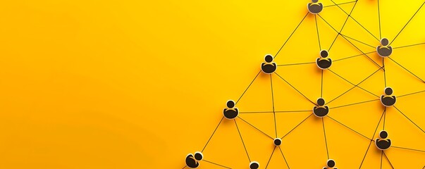 Business network connection with people icon on yellow background, top view, flat lay, banner with copy space area