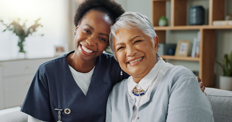 Poster - Portrait, caregiver and woman on sofa in nursing home for support, healthcare and hug on couch. Nurse, senior patient and embrace together for wellness, happy people and recovery in retirement house