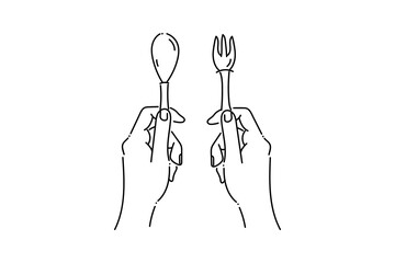 Hands holding fork spoon cutlery knife hand drawn icon doodle line drawing vector illustration