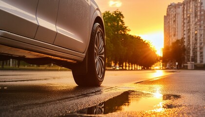 Poster - Side view of a car wheel on wet pavement during rain at sunset in the city