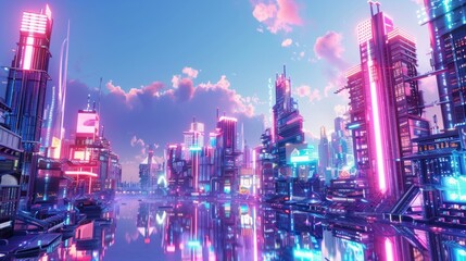 Wall Mural - A futuristic cityscape with neon lights and a reflection of the city in the water.