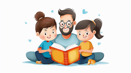 Wall Mural - Funny family parents and child reading a book together, drawing on a white background in watercolor paints