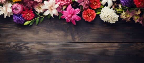 Aufkleber - Flowers displayed on a rustic wooden surface, providing a charming backdrop with copy space image.