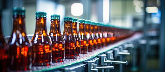A beverage factory production line with a conveyor belt holding bottles illustrates the food and drink manufacturing process with copy space image.