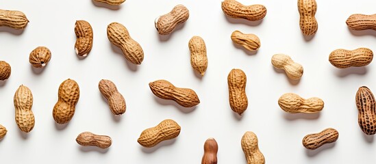 Leinwandbilder - Top view of various peanut forms on a white backdrop with plenty of copy space image.