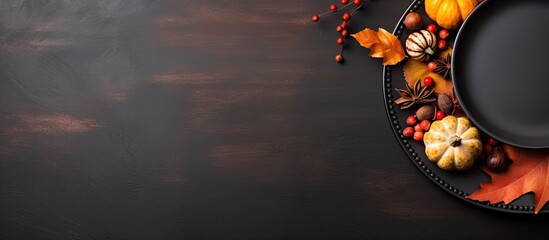 Poster - Top view of a plate with cutlery on a graphite background, creating an autumn-themed copy space image.