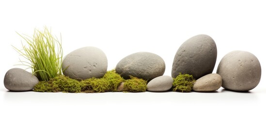 Poster - Large stones on grass in a white background with a clipping path for copy space image.