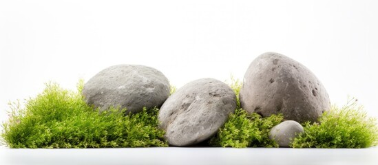 Poster - Large stones on grass in a white background with a clipping path for copy space image.