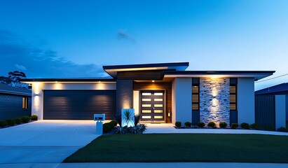 Wall Mural - modern new home exterior with front door and garage