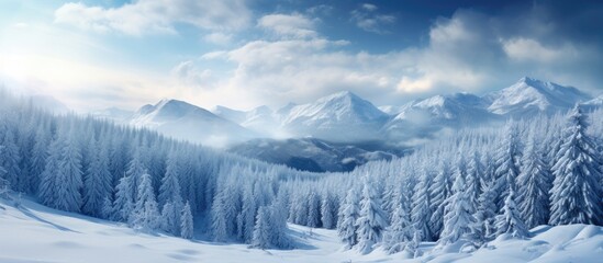 Poster - Winter mountain valley scene featuring snow-covered pines captured in soft light creates an amazing natural background with copy space image.