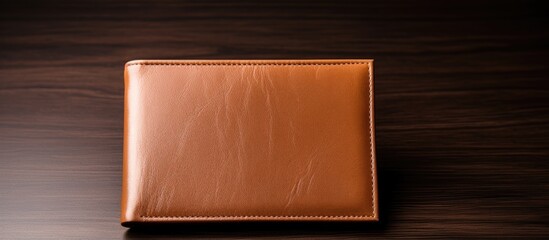 Poster - Brown leather wallet for cryptocurrencies open, positioned on a dark surface with a soft light, creating a copy space image.
