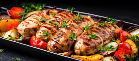 Poster - Grilled chicken with veggies on white background with copy space image.