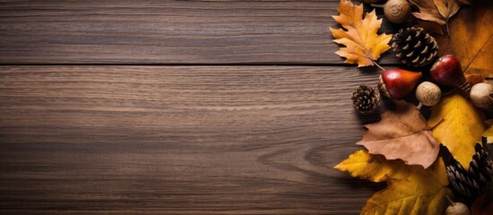 Aufkleber - Autumn-themed greeting card displayed on a wooden board with fallen leaves, acorns, and cones, creating a natural background, symbolizing the fall season in a flat lay copy space image.