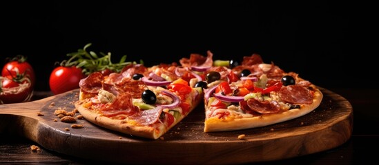 Poster - Delicious slice of hot pizza with a variety of toppings on a wooden board with a classic Italian look, ideal for a meal in a side view with copy space image.