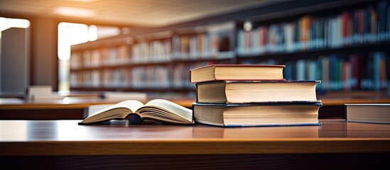 Poster - Academic education concept with a book on a library desk, open textbook, stacks of literature, and bookshelves in the background, all with copy space image.